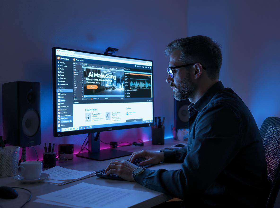 一位音乐家注视着他的吉他陷入沉思，而在他旁边的笔记本电脑屏幕上，我们的工具正在生成歌词，解决他的创作难题。