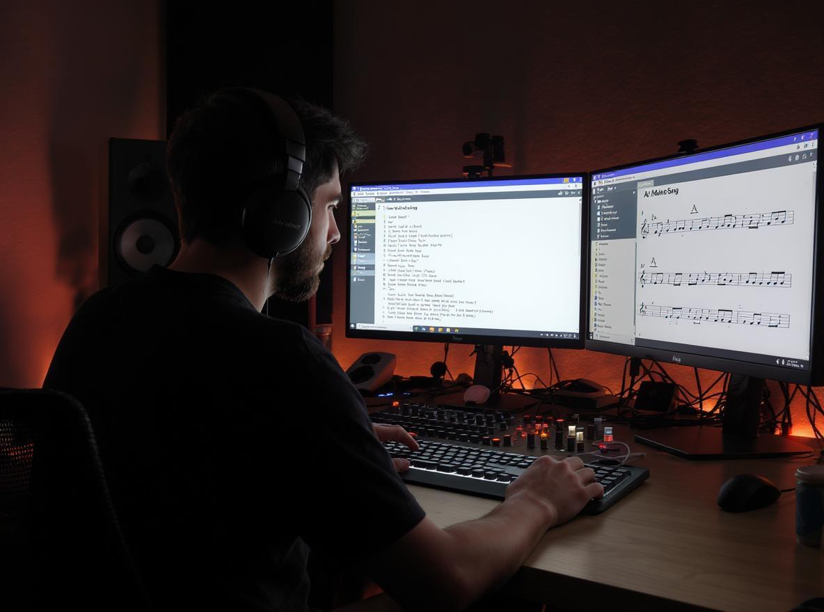 一位说唱歌手在霓虹灯下热情地在舞台上表演。