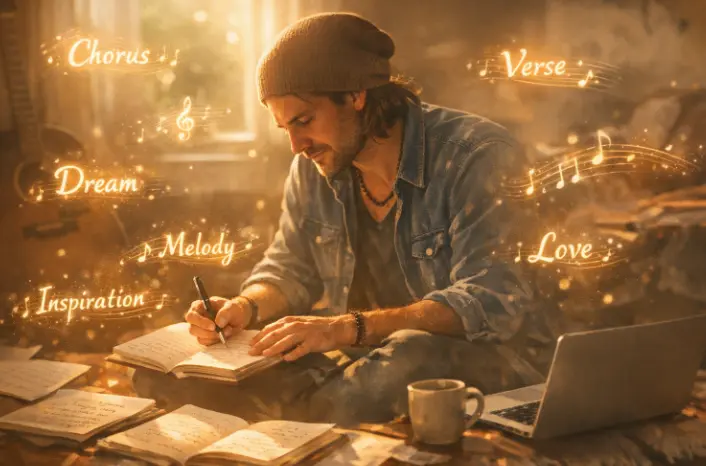 Interfaz de IA generando líneas de letras musicales