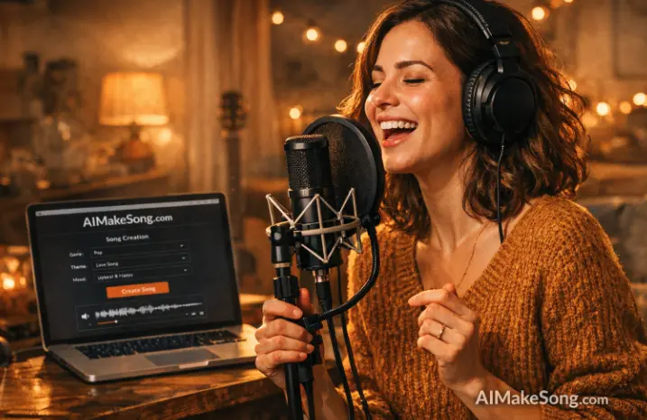 Persona cantando en casa con la interfaz de AIMagicmus en pantalla