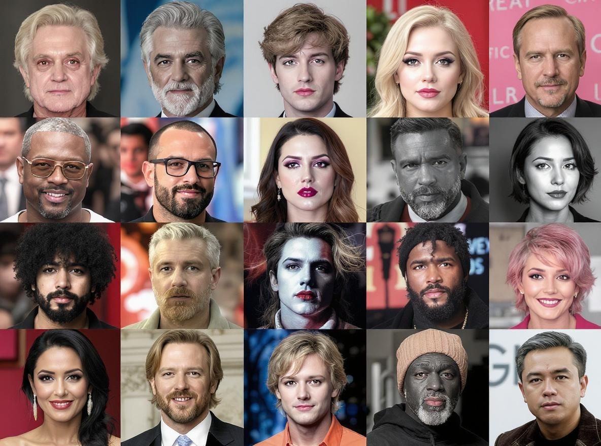 Collage de modelos de voz IA disponibles en AIMagicmus, incluidos cantantes y figuras públicas